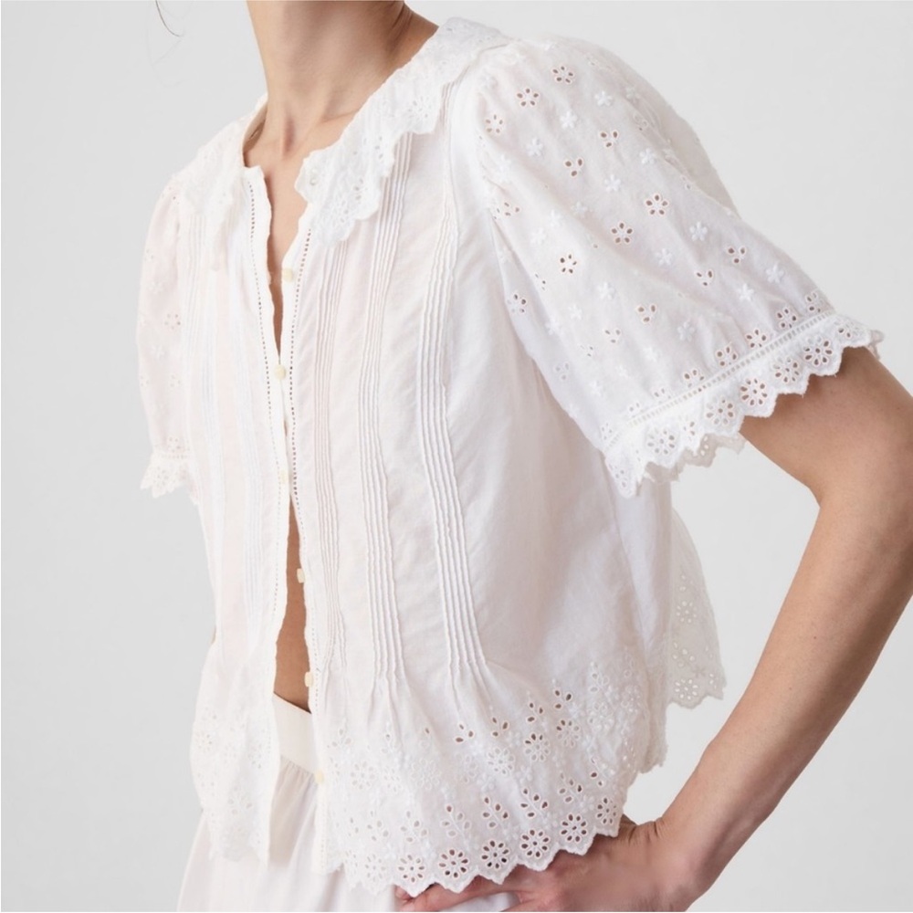 White Eyelet Pintuck Button-Front Blouse - Picture 2 of 5